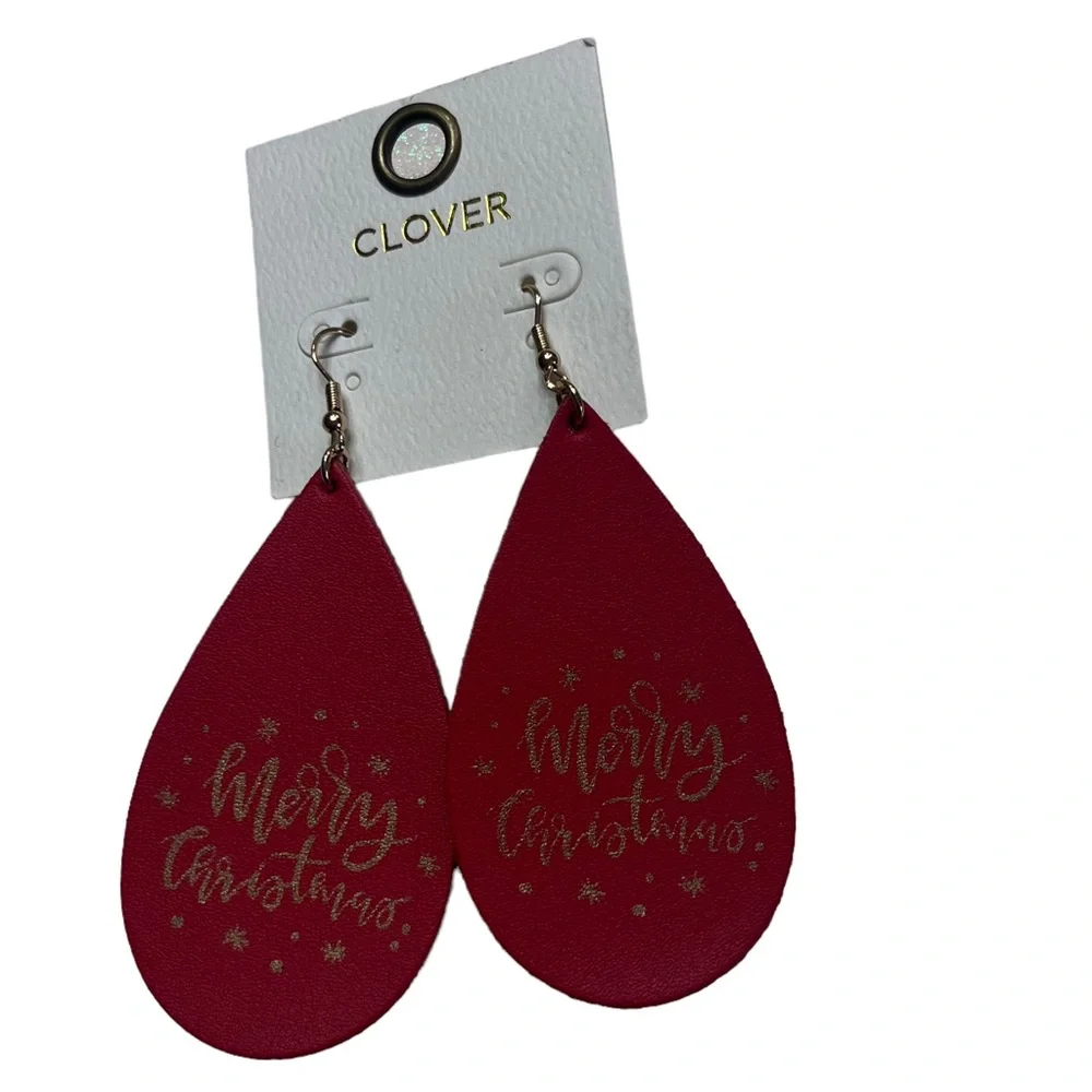 Clover Red Leather Gold Printed Graphic Merry Christmas 3x1.5 in Dangle Earrings